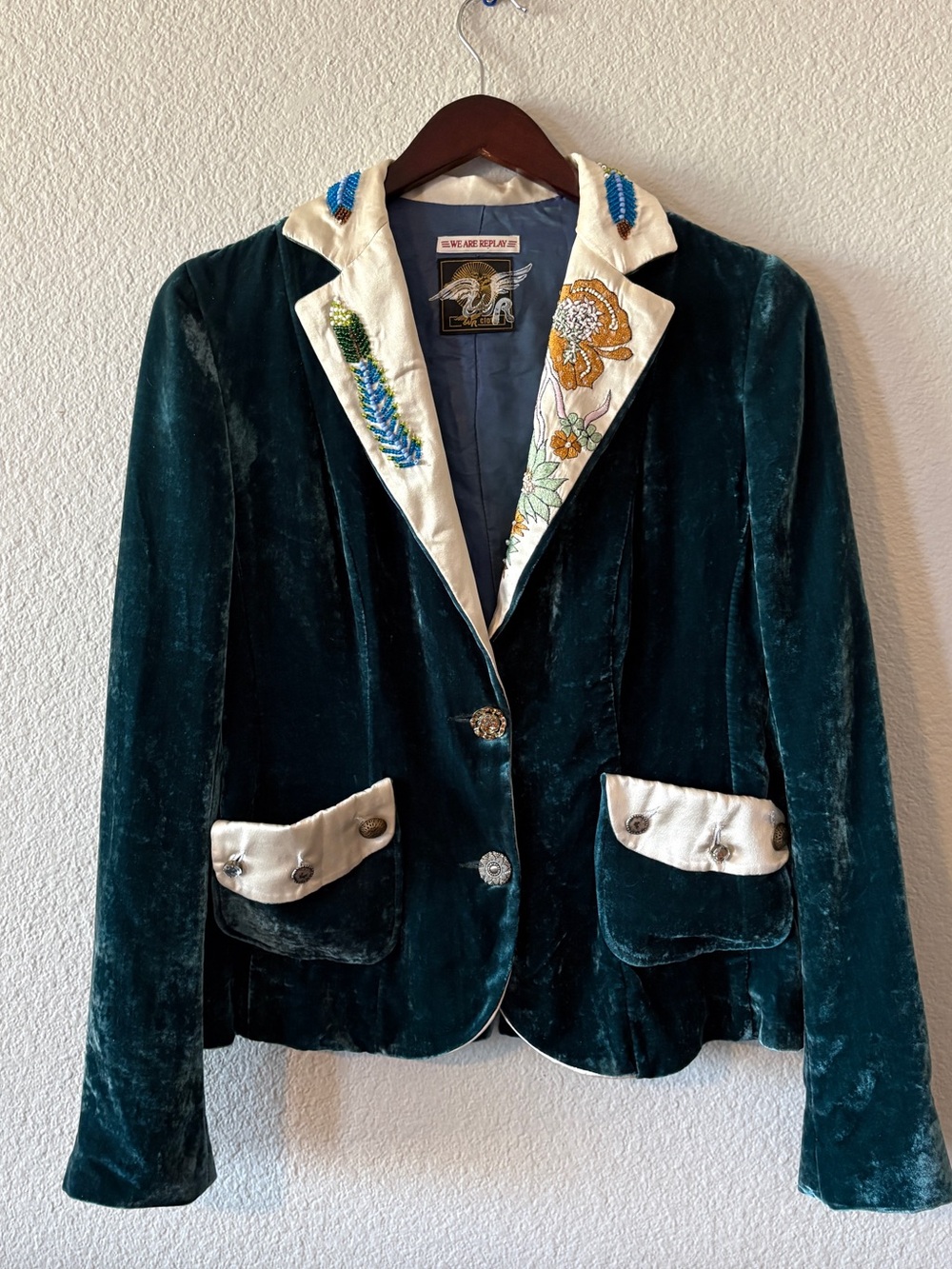 We Are Replay Teal Velvet Blazer with Cream Embroidered & Beaded Trim